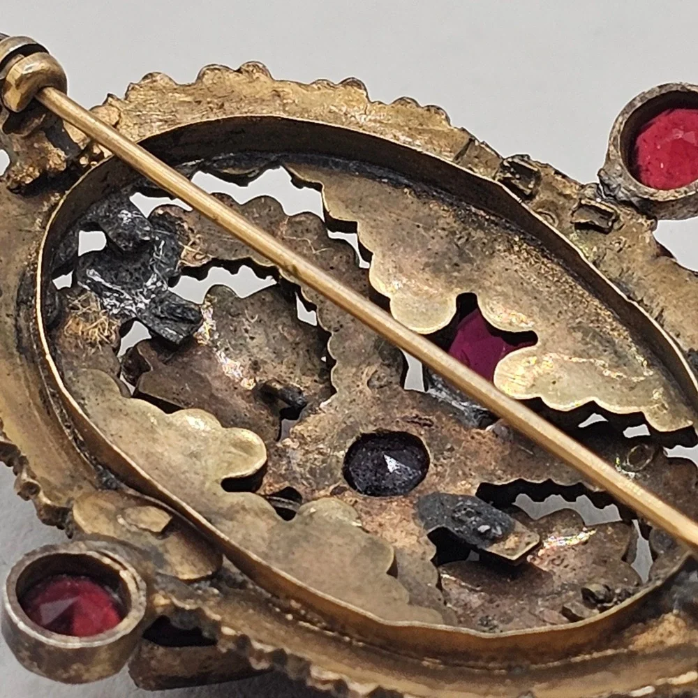 Vtg Bohemian Czech Garnet Brooch Deep Red Victorian Style Floral Cluster 2.5